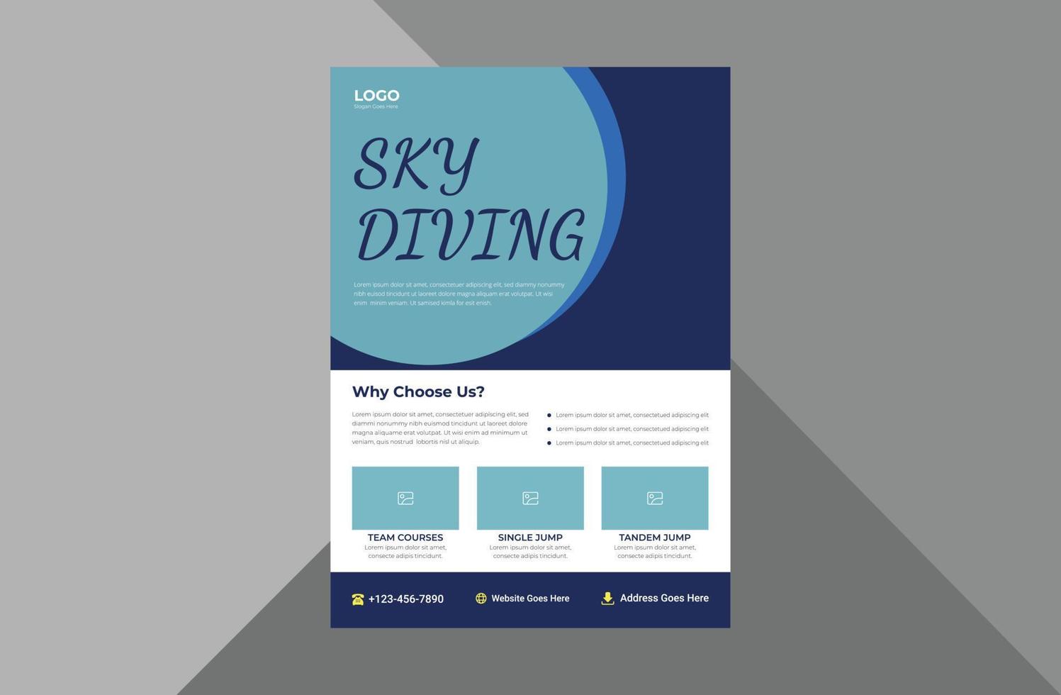 skydiving flyer design template. parachuter skydiving tourism poster leaflet design. a4 template, brochure design, cover, flyer, poster, print-ready vector
