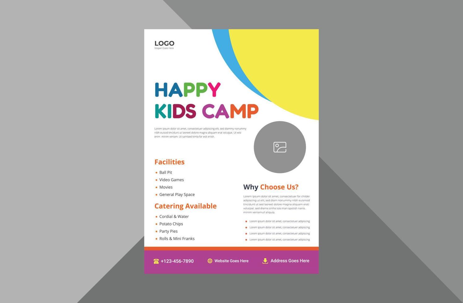 Plantilla de volante de campamento de niños felices. diseño de folleto de cartel de campamento de verano infantil. plantilla a4, diseño de folleto, portada, volante, póster, listo para imprimir vector