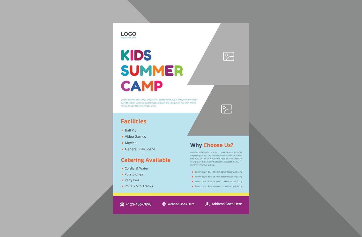 happy kids camp flyer template. child summer camp poster leaflet design.  a4 template, brochure design, cover, flyer, poster, print-ready vector