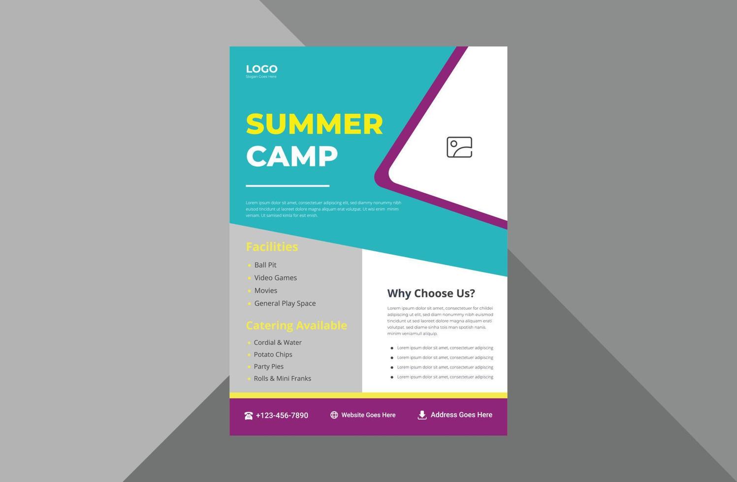 happy kids camp flyer template. child summer camp poster leaflet design.  a4 template, brochure design, cover, flyer, poster, print-ready vector