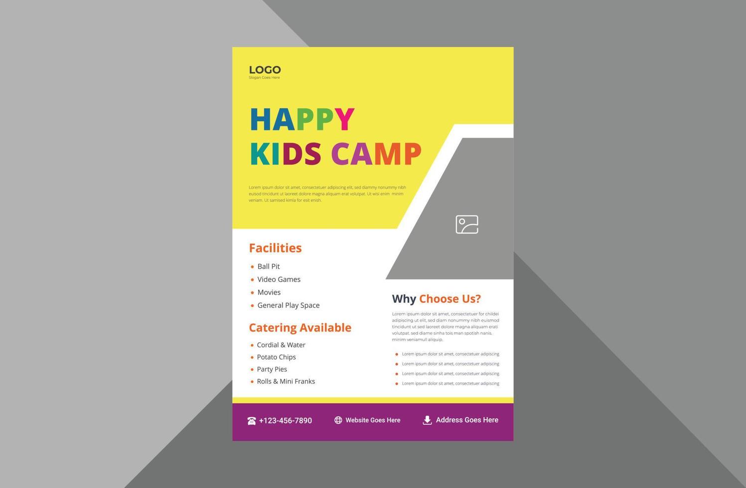 happy kids camp flyer template. child summer camp poster leaflet design.  a4 template, brochure design, cover, flyer, poster, print-ready vector