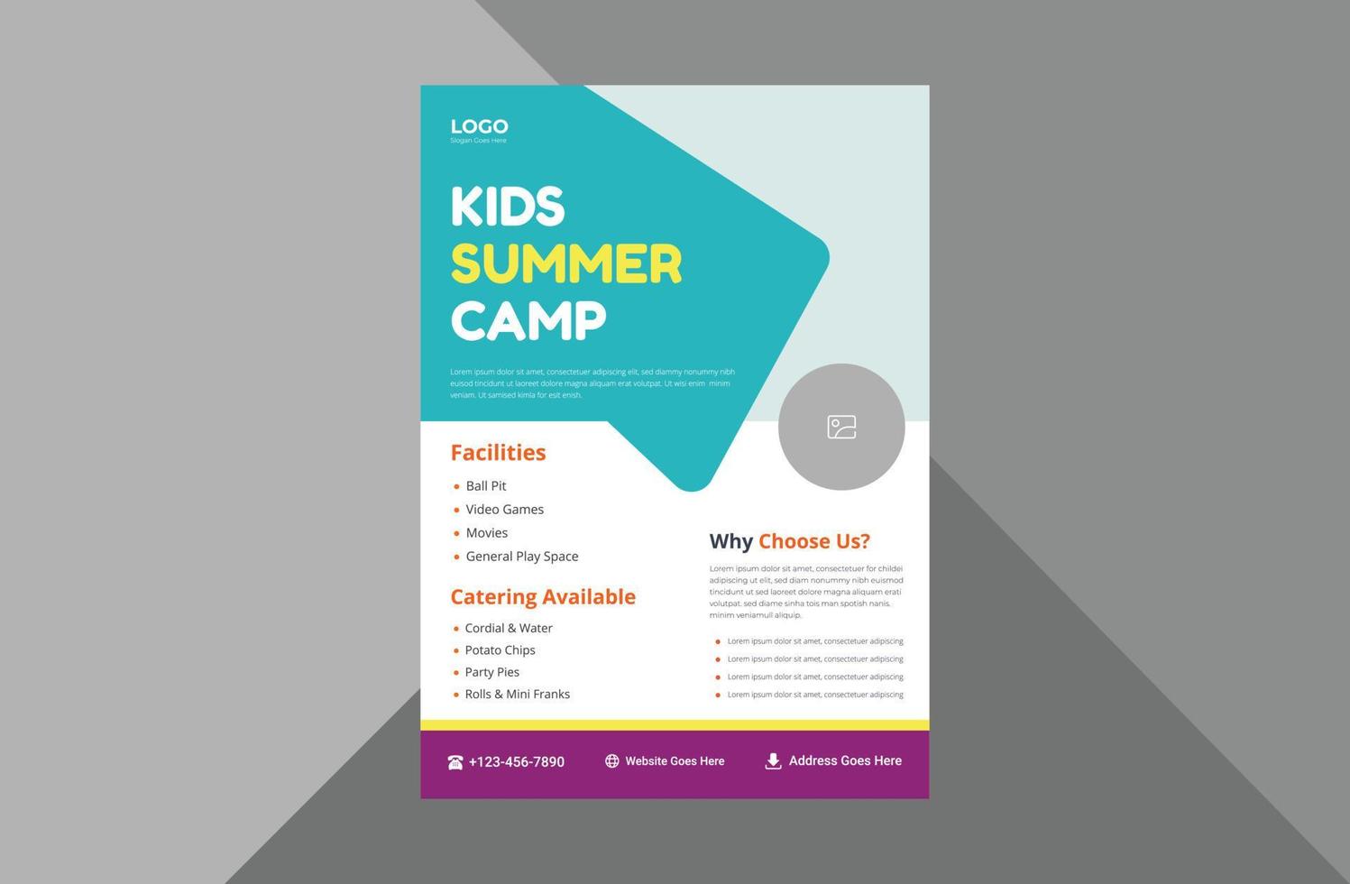 happy kids camp flyer template. child summer camp poster leaflet design.  a4 template, brochure design, cover, flyer, poster, print-ready vector