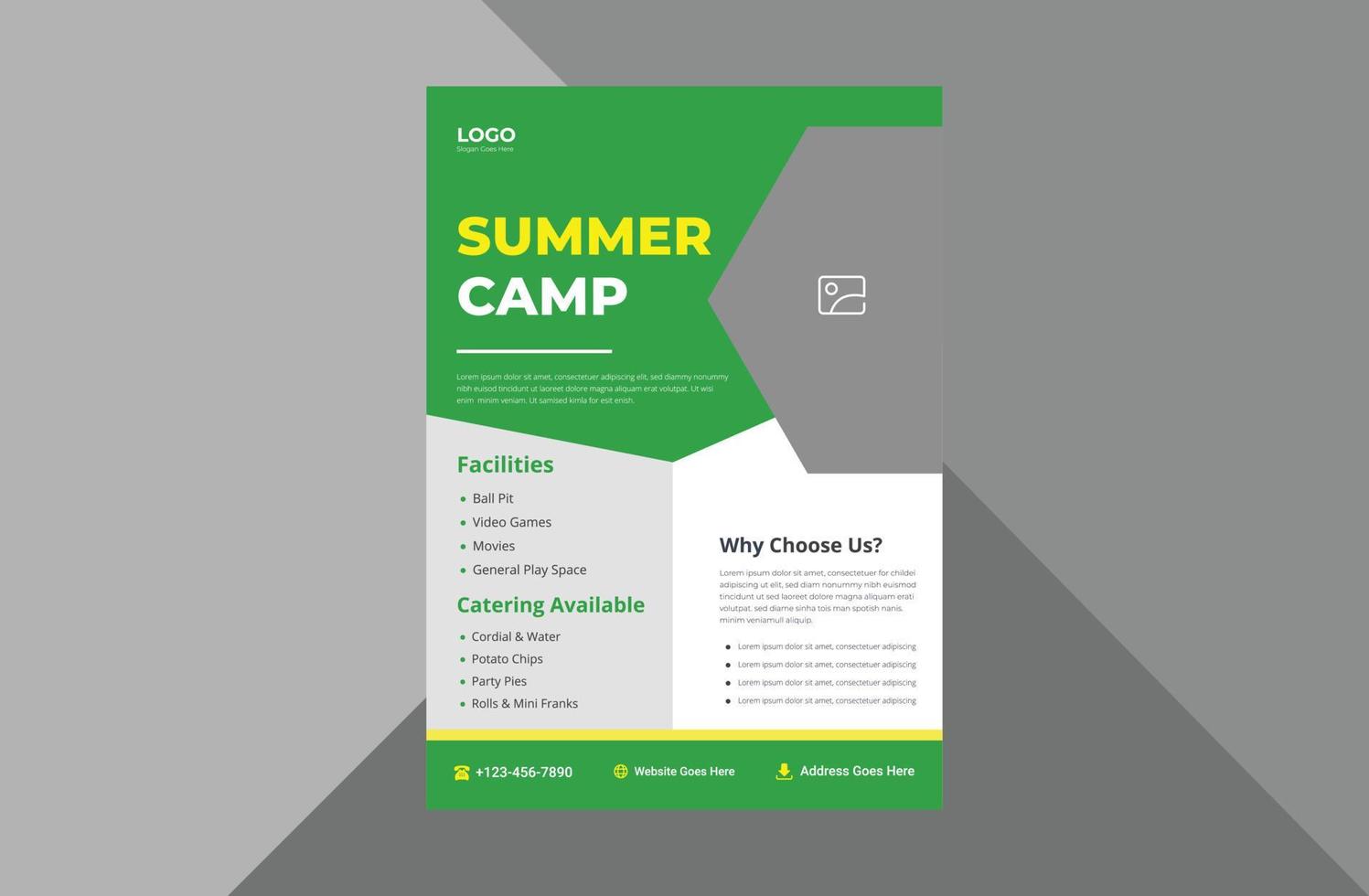 happy kids camp flyer template. child summer camp poster leaflet design.  a4 template, brochure design, cover, flyer, poster, print-ready vector