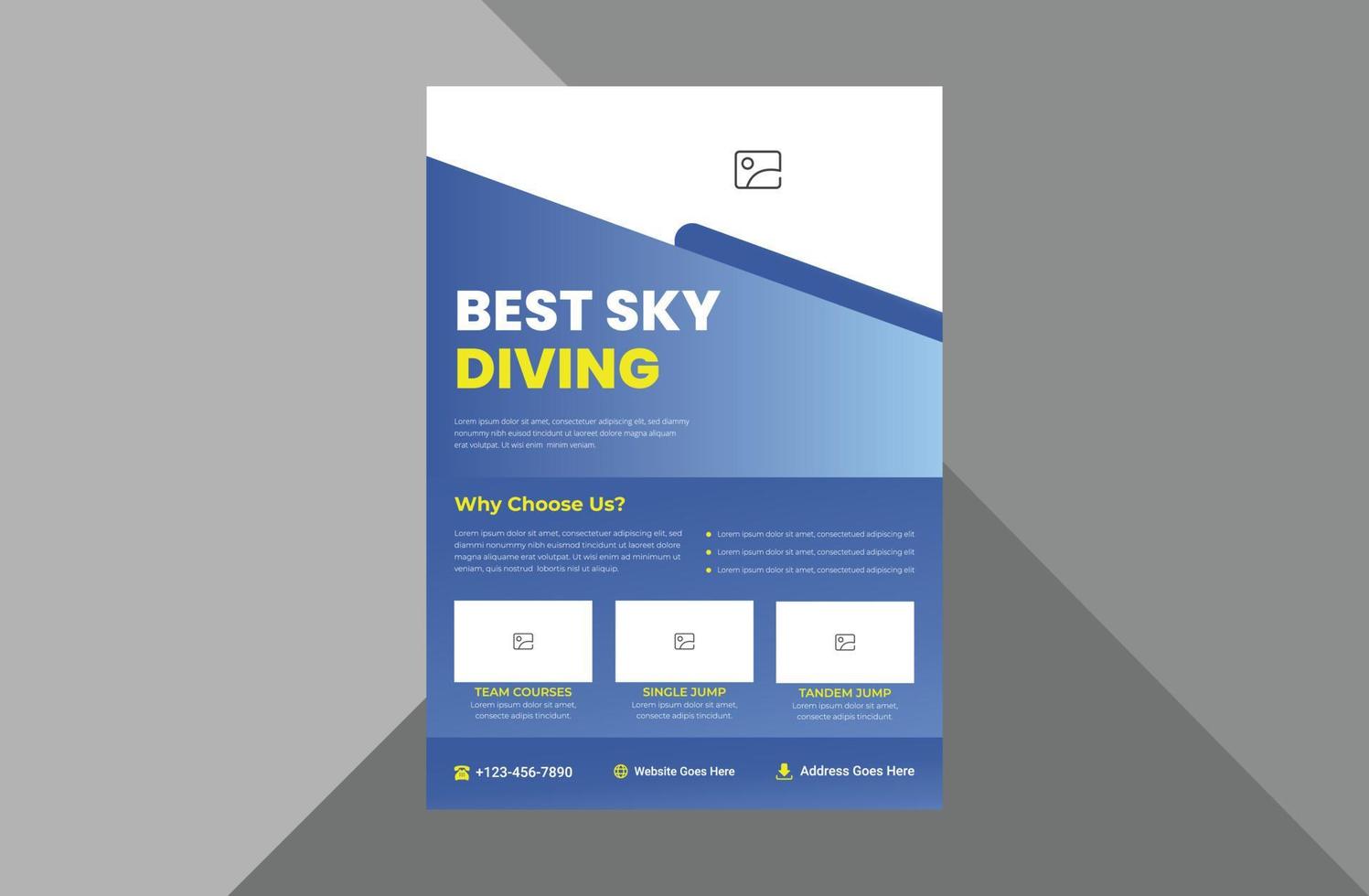 skydiving flyer design template. parachuter skydiving tourism poster leaflet design. a4 template, brochure design, cover, flyer, poster, print-ready vector
