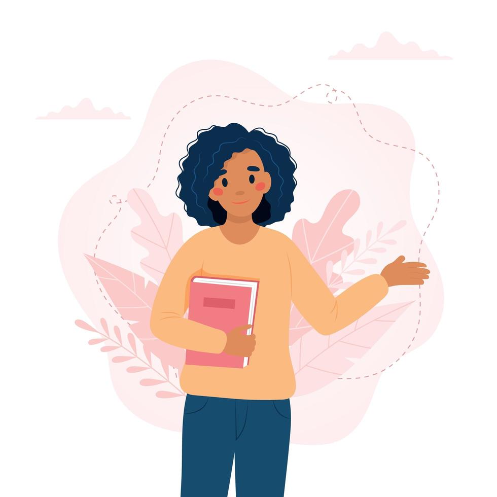 African american woman with a book. Teacher s day, Literacy day concept. Cute vector illustration in flat cartoon style