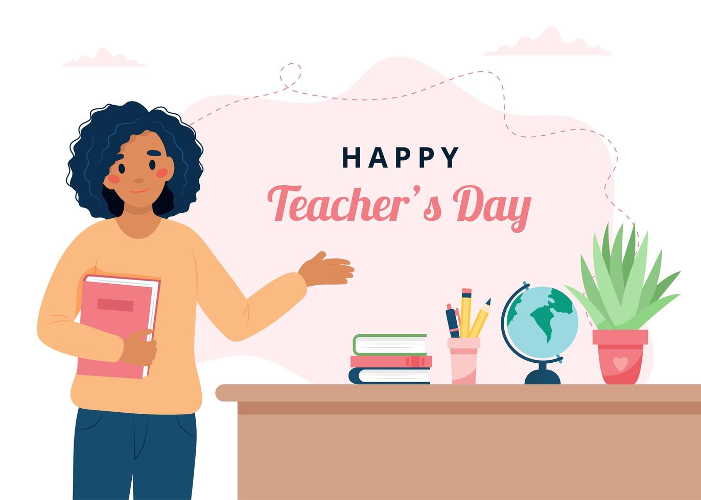 Happy teacher s day concept. Black female teacher in classroom. School and learning. Cute vector illustration in flat cartoon style