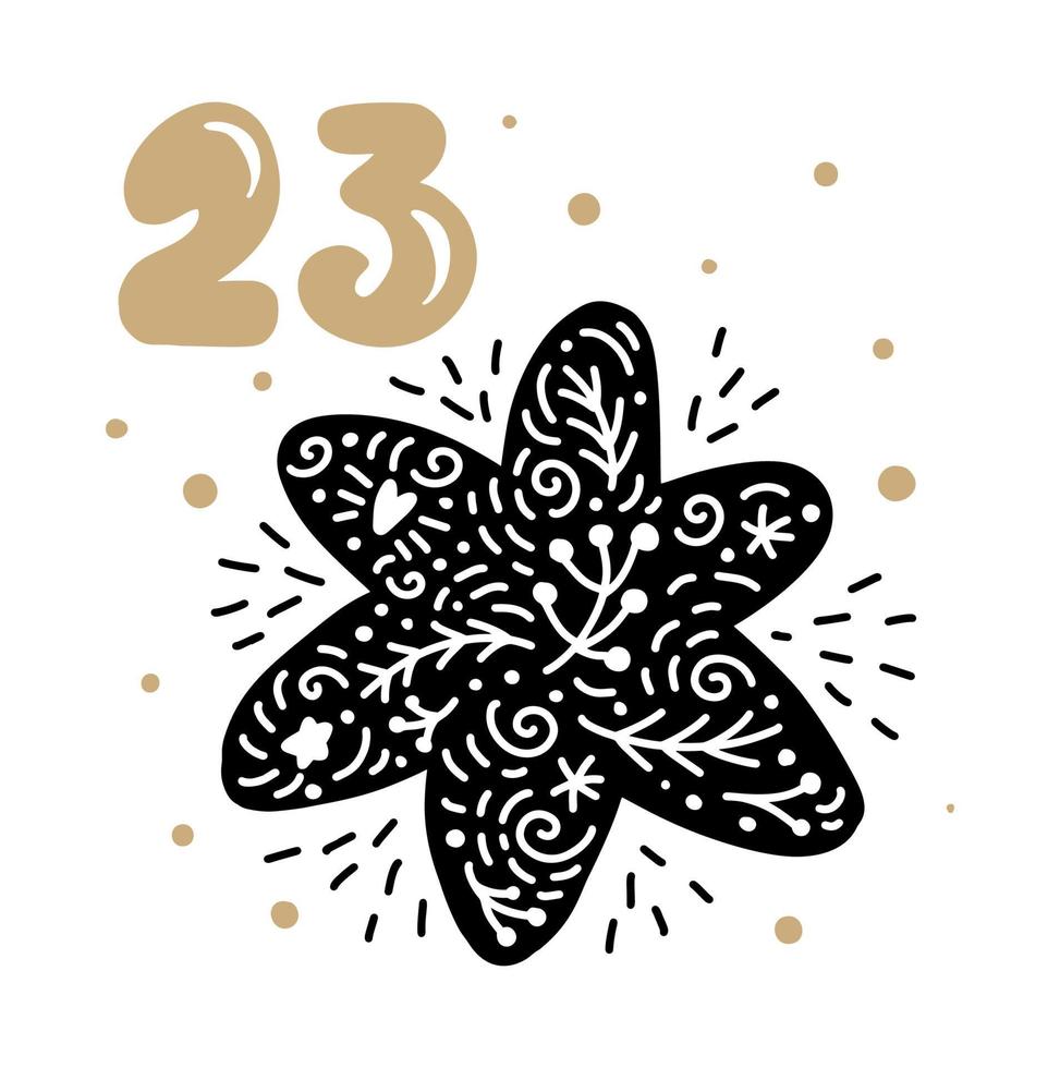 Winter vector Illustration of nordic snowflake star. Twenty-four days before holiday, twenty third Day. Christmas Advent calendar with cute scandinavian hand drawn