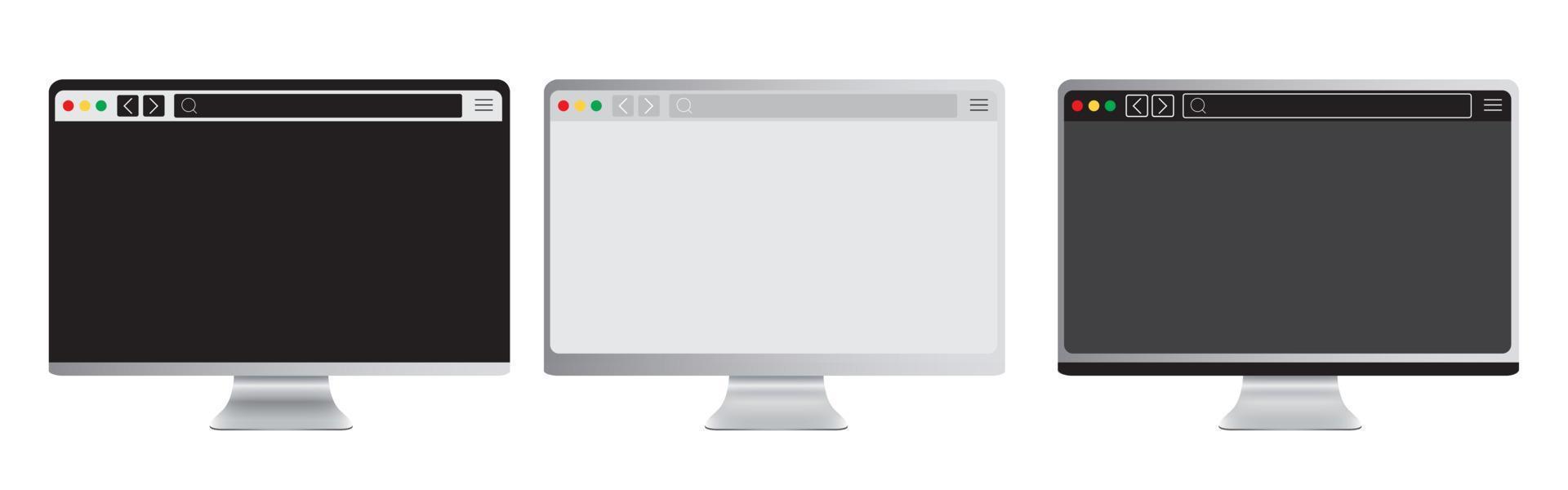 Set of realistic laptop device mockup screen with browser page. Editable laptop computer with search bar. Isolated PC with blank browser display on white background. Vector design