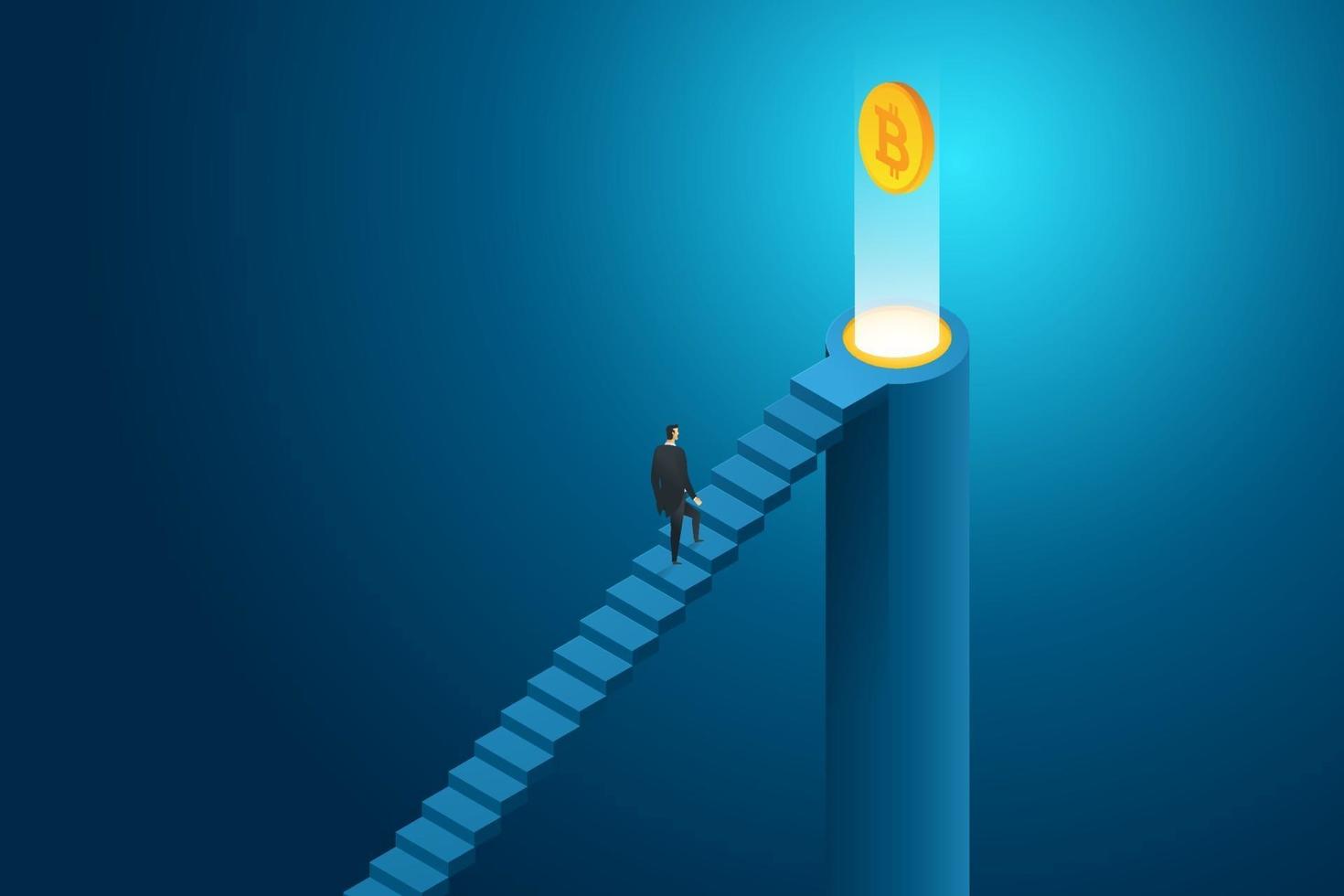 Businessman walking up to bitcoin cryptocurrency. vector