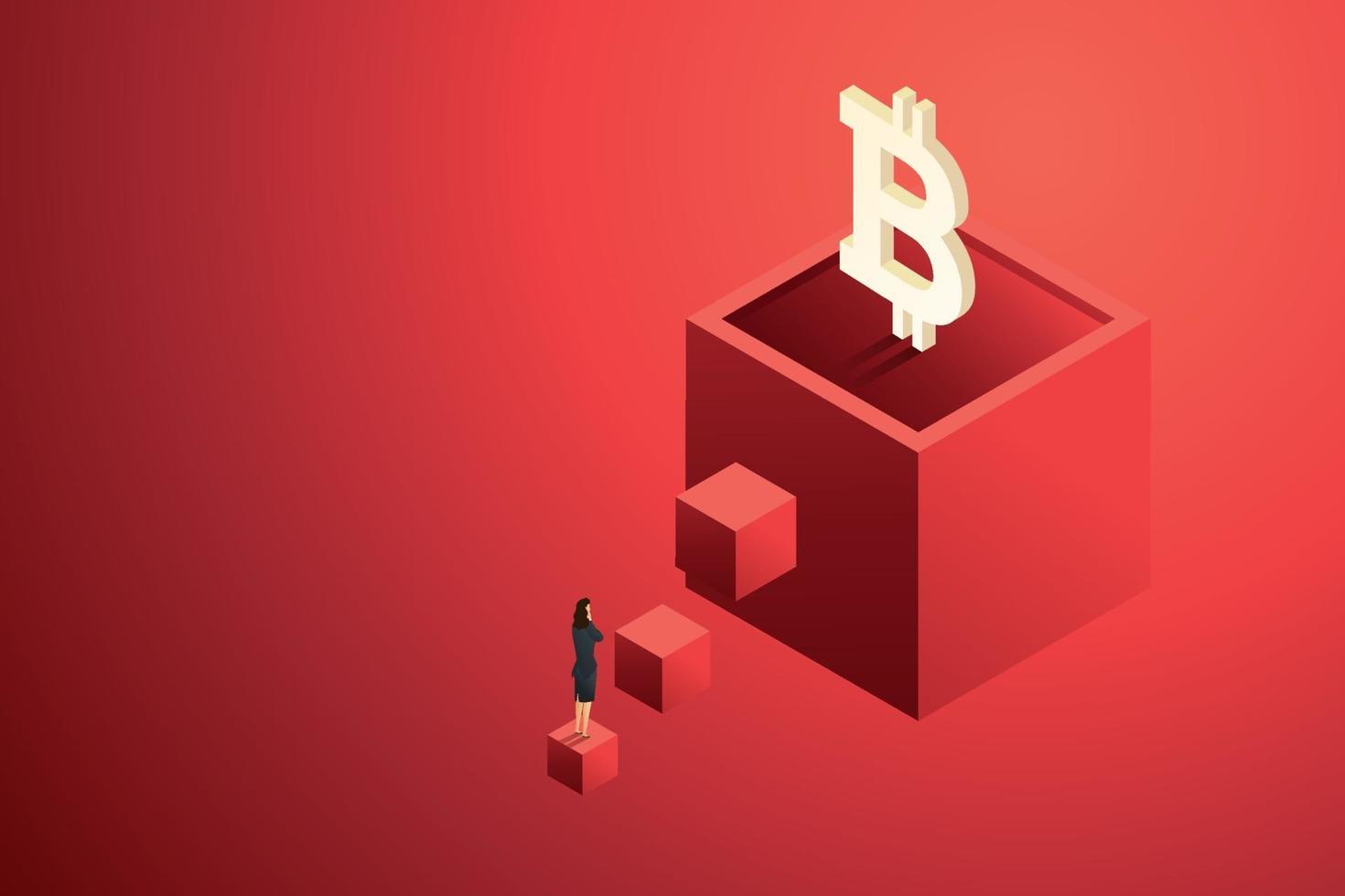 Businesswoman look at bitcoin as an investment. vector