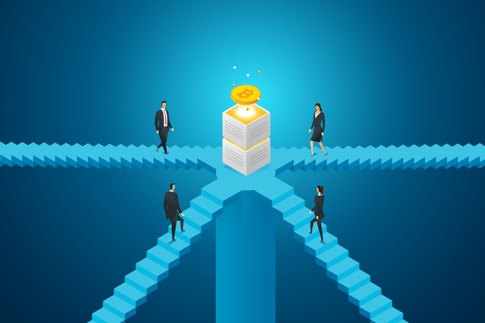 business-people-group-walking-up-on-stairs-to-bitcoin-3533653-vector
