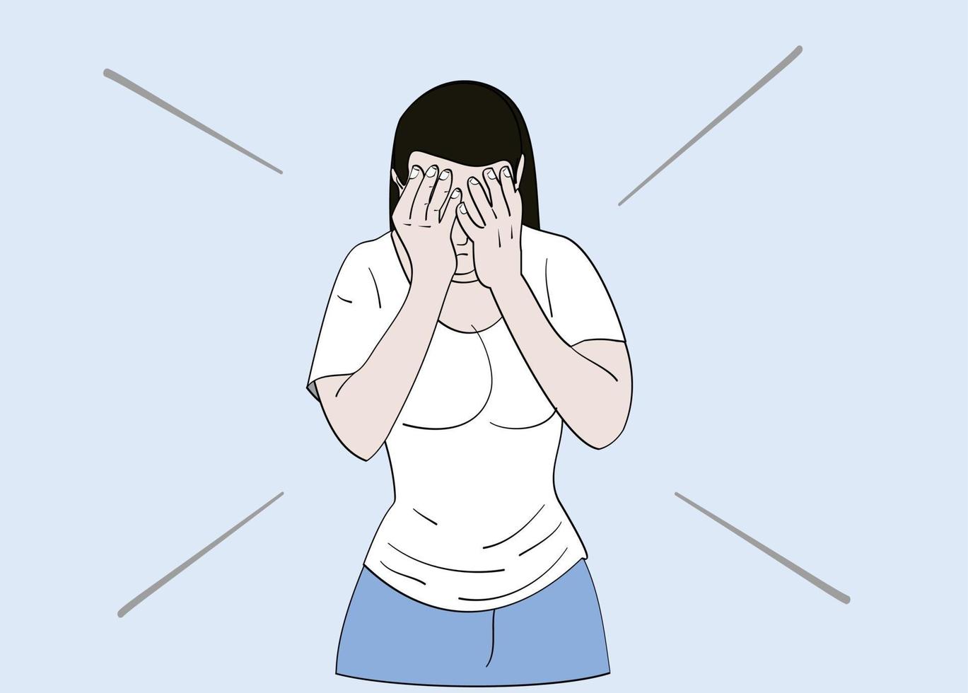 The depressed woman covered his face with his hands. Hand drawn style vector design illustrations