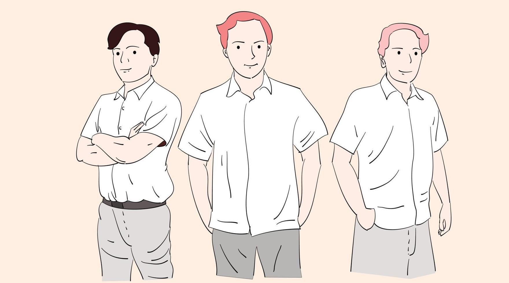 Business team members are posing. Hand drawn thin line style, vector illustrations.