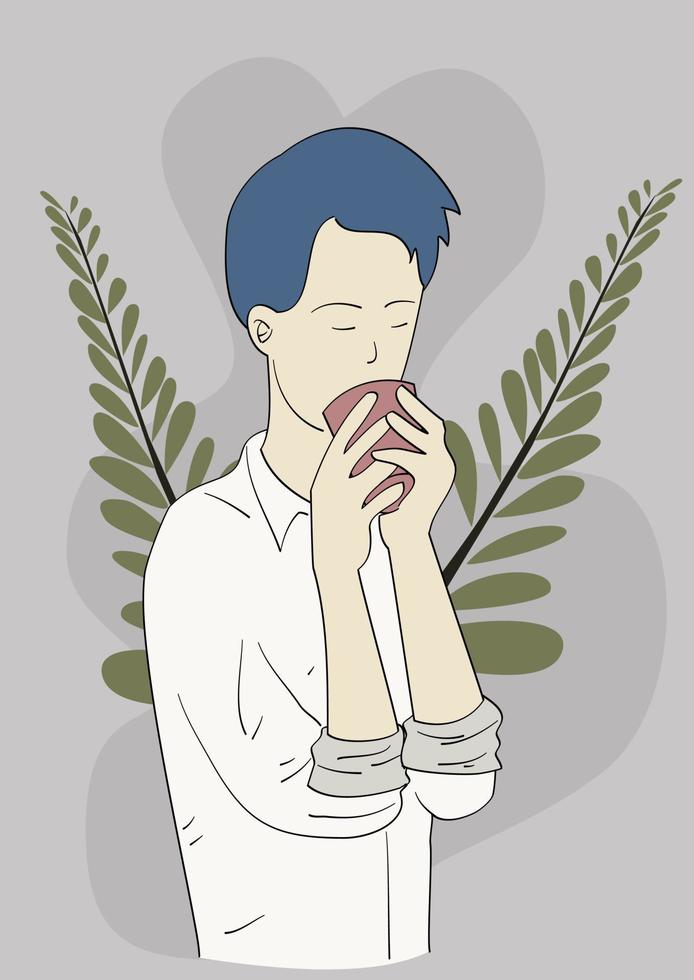 Man drinking hot coffee. Hand drawn in thin line style, vector illustrations.