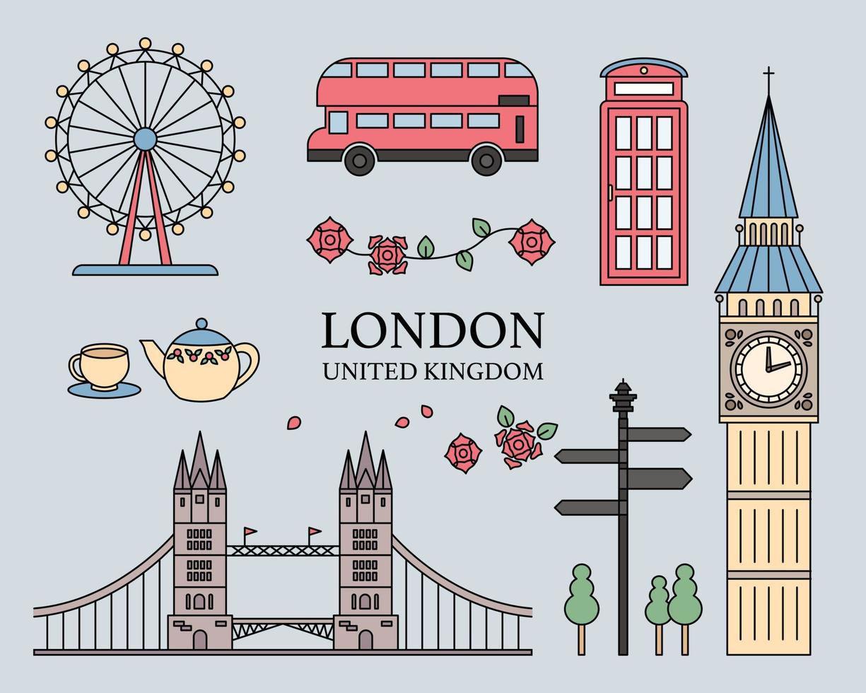 iconos de símbolos y monumentos de Londres, Reino Unido. vector