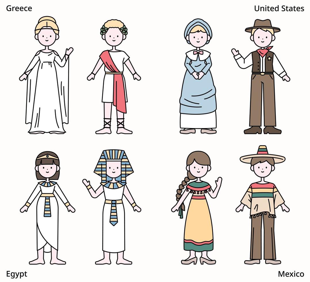 Cute characters are wearing traditional clothes from around the world. vector