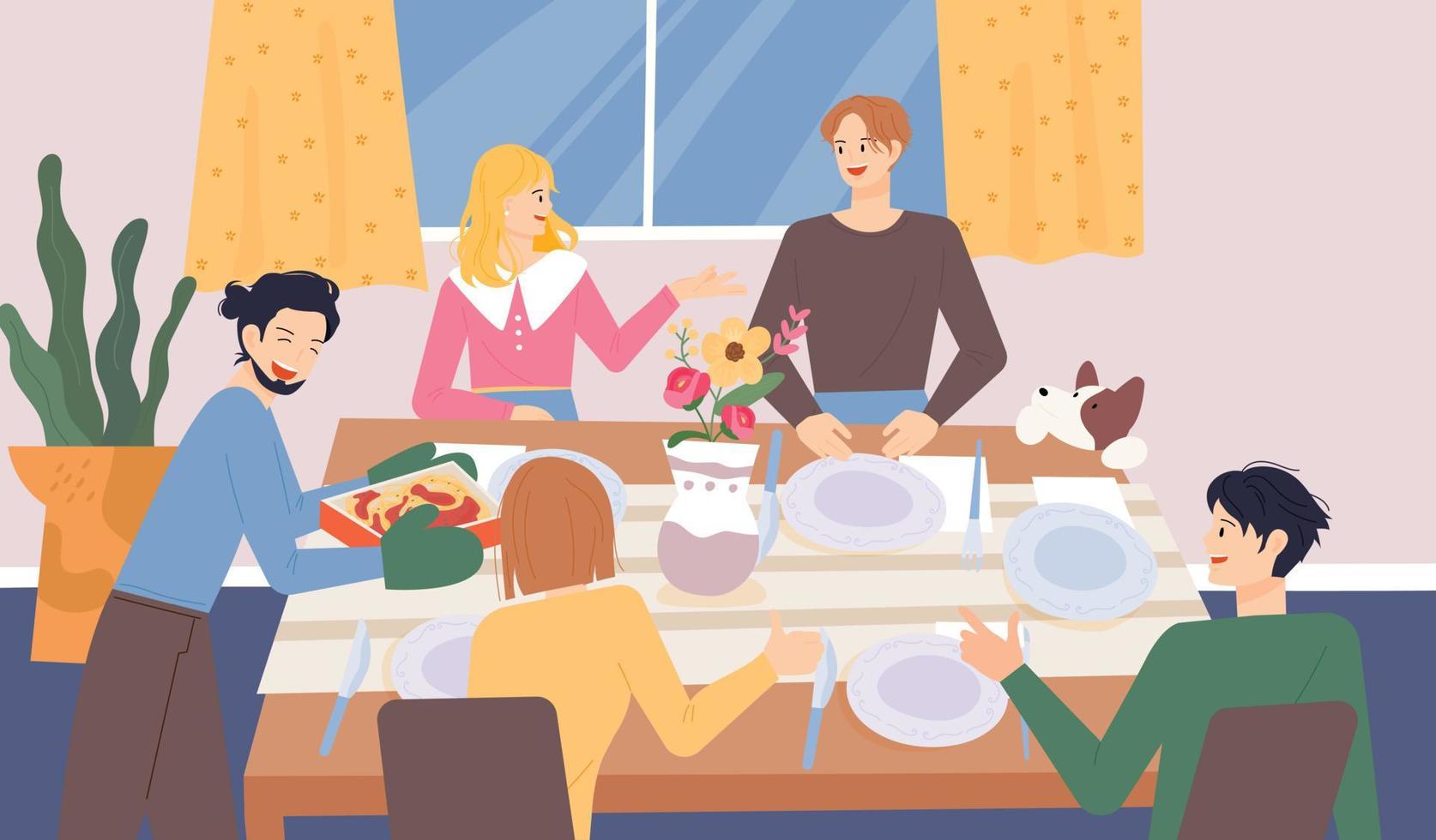 People are sitting around a table and enjoying a meal together. vector