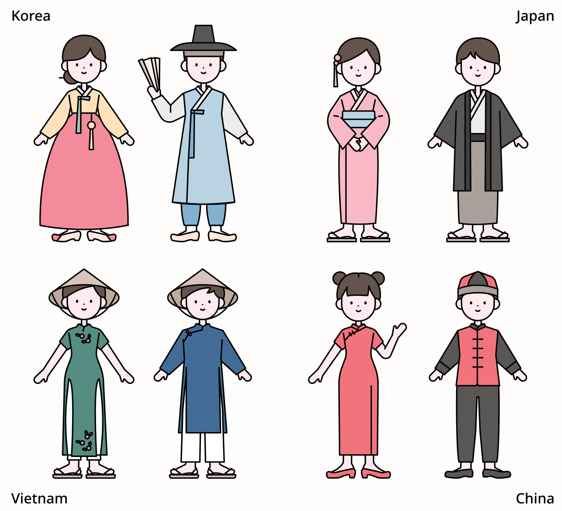 Cute characters are wearing traditional clothes from around the world.  3533721 Vector Art at Vecteezy