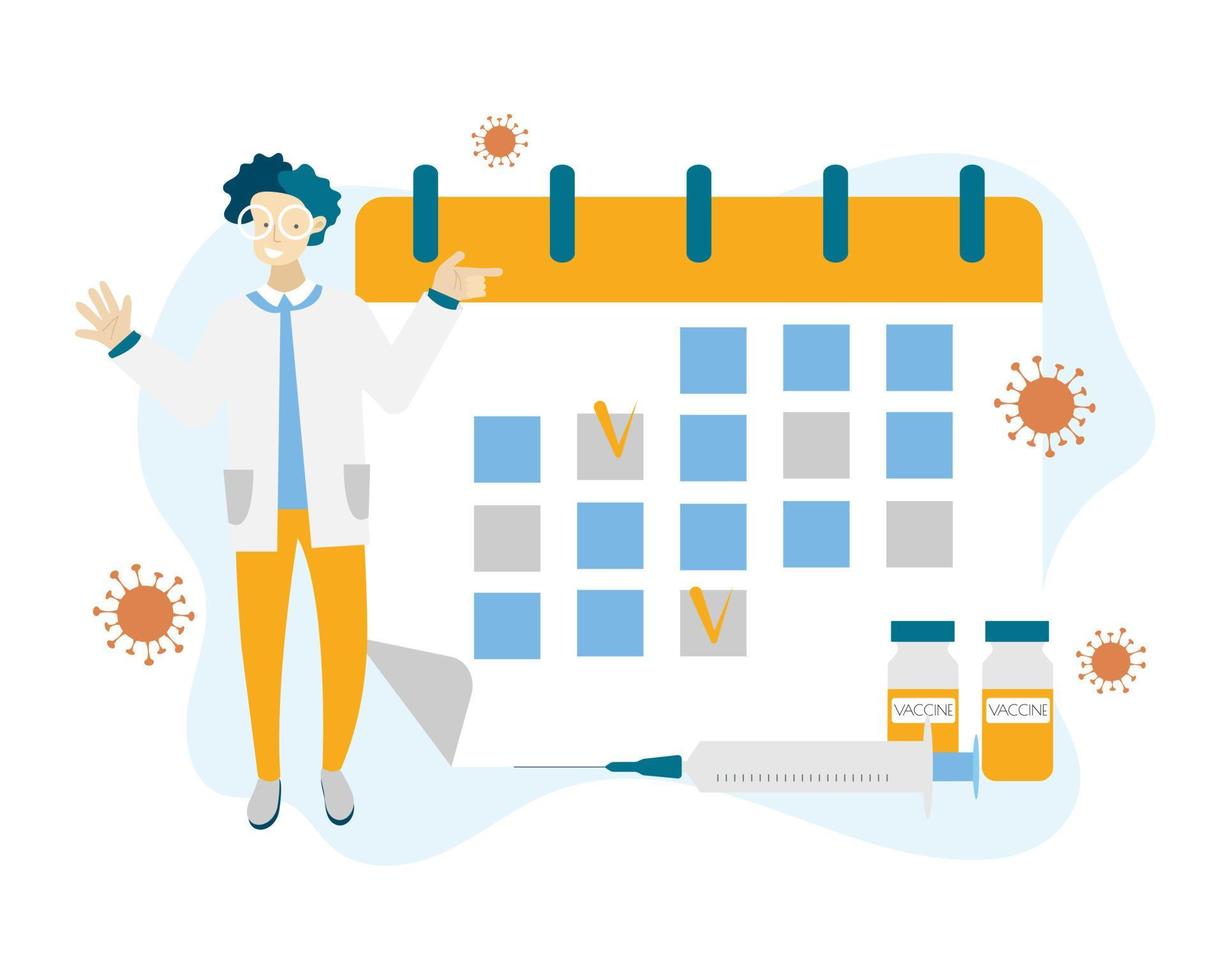 Vaccination schedule vector concept. Doctor is showing on the calendar with two marked vaccination days. Vector illustration in flat cartoon style.