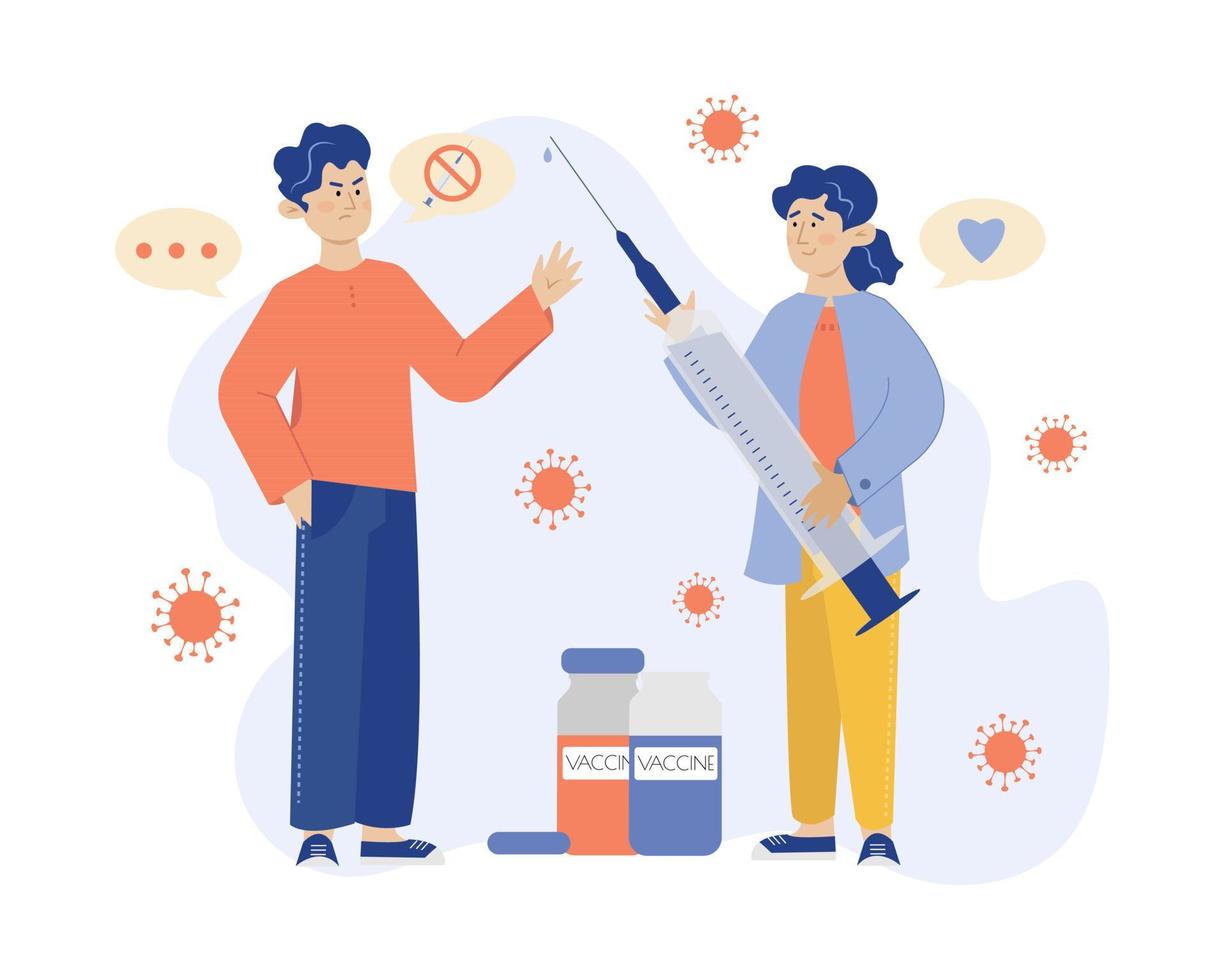 Refusal of vaccination vector concept. Man refuses of vaccination. Flat vector illustration, cartoon style. Medical and Healthcare metaphor