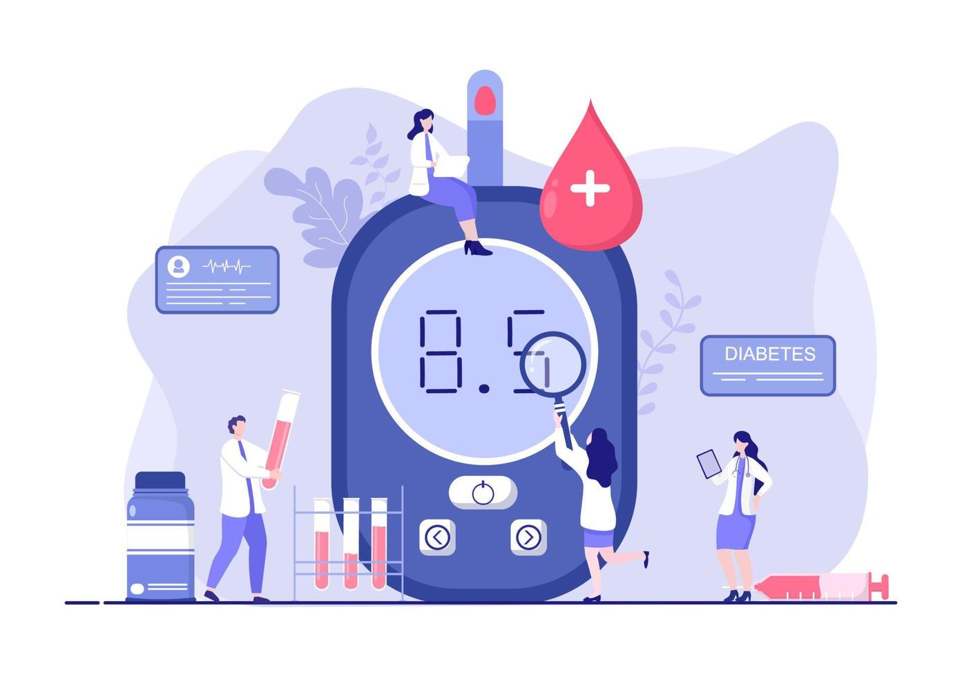 Diabetes Testing with Blood Glucose Meter, Exam Results, Tubes, Syringe to Medical Healthcare and Treatment For Poster Background Vector Illustration