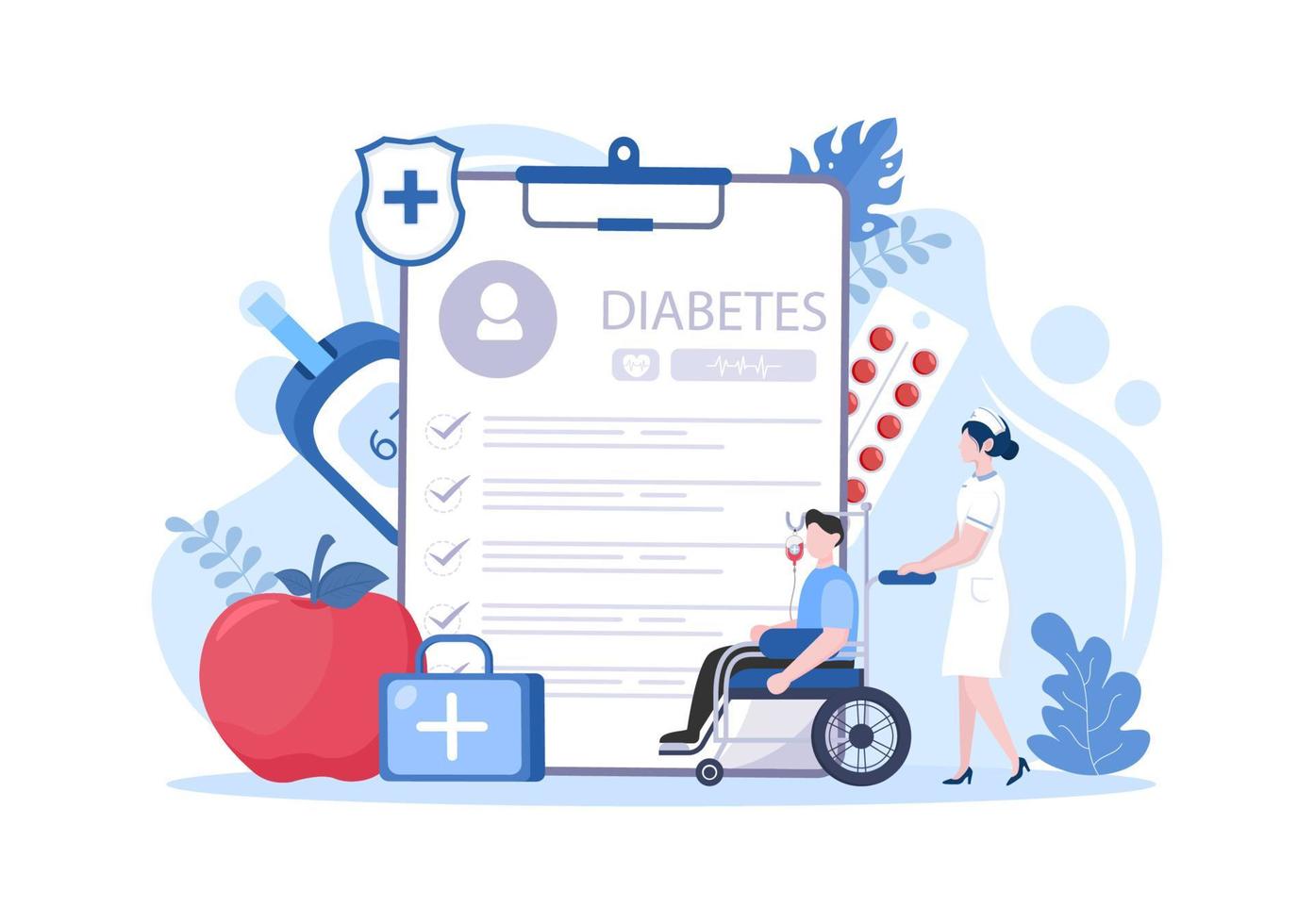 Diabetes Testing with Blood Glucose Meter, Exam Results, Tubes, Syringe to Medical Healthcare and Treatment For Poster Background Vector Illustration