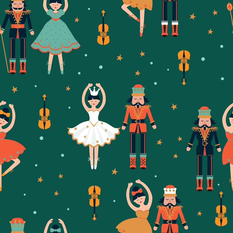 Seamless pattern with nutcrackers stars ballerina and violin vector