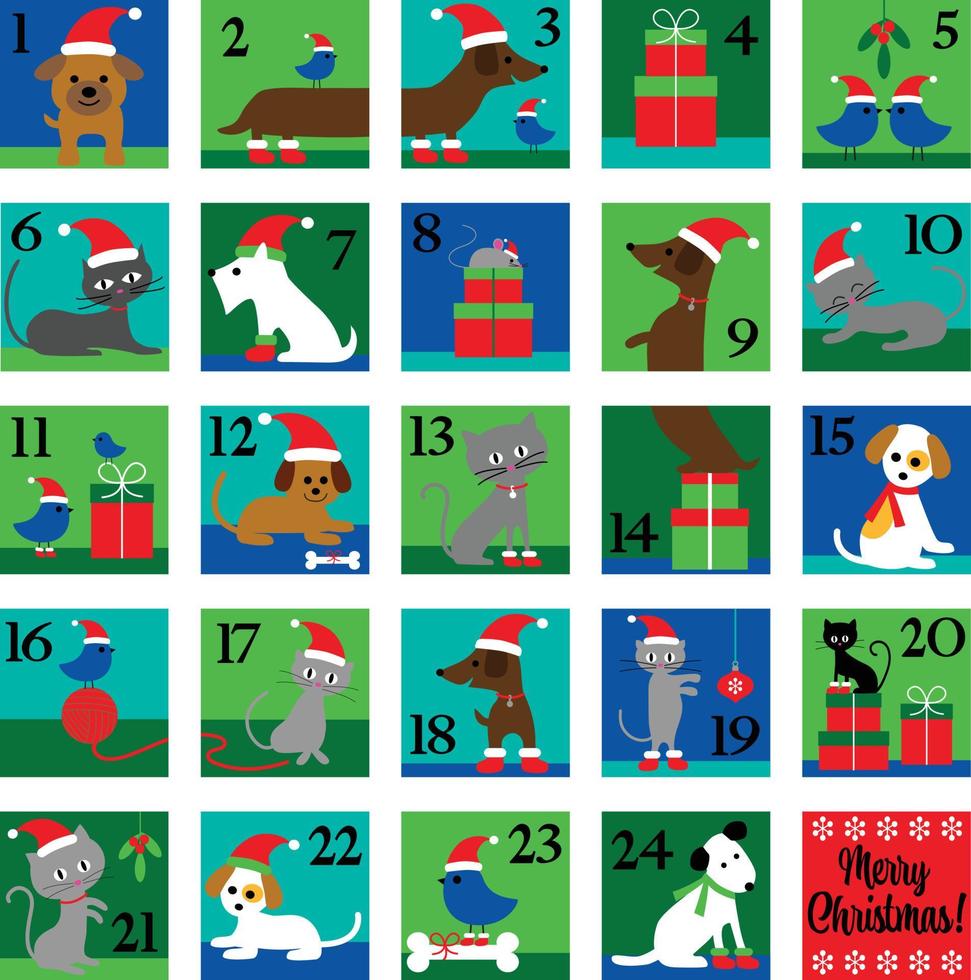 Christmas Advent Calendar with cute cats, dogs, and birds vector
