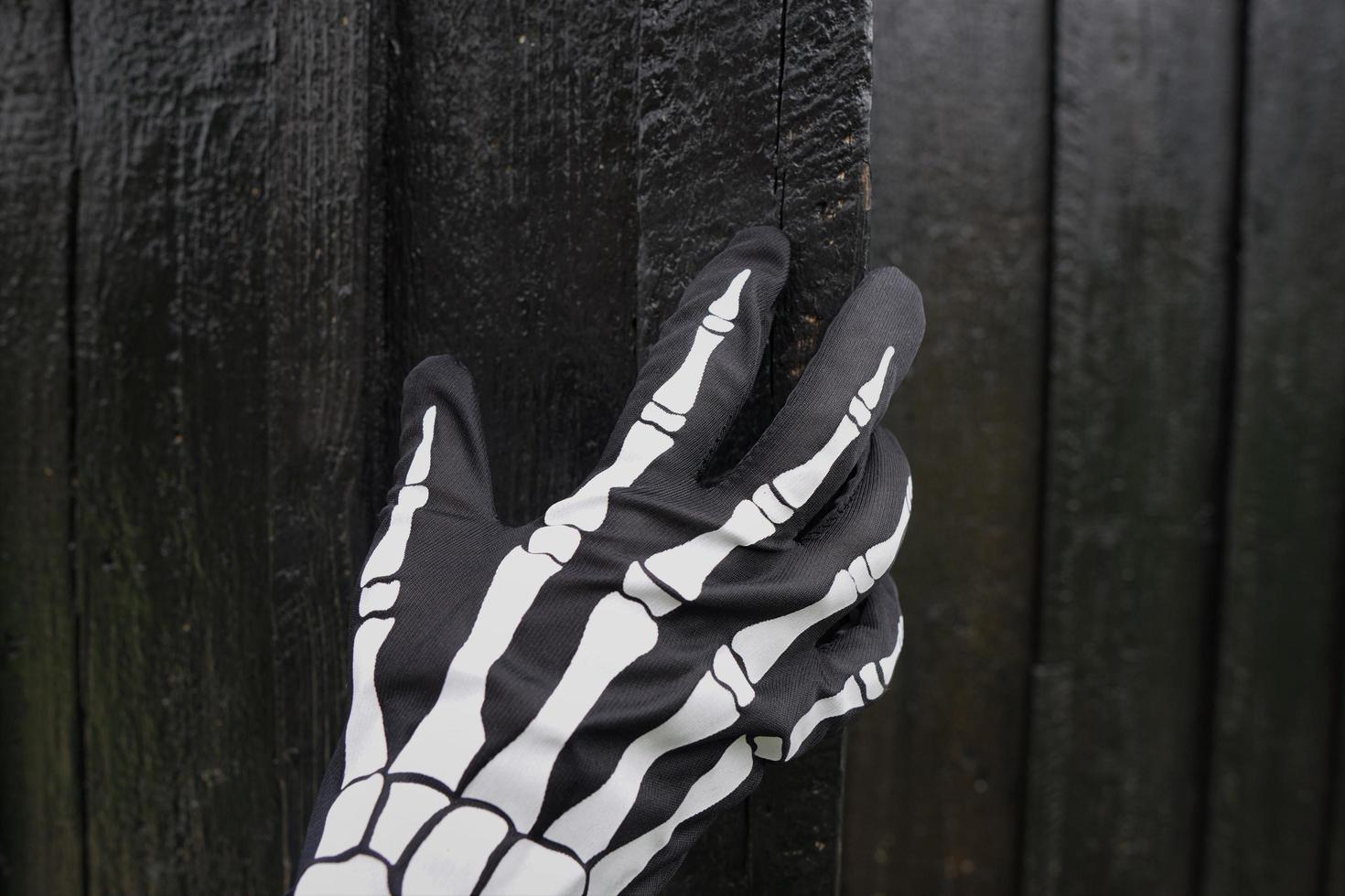 Black Glove With Detail Of Human Skeleton Ornament And Black Wooden Door. photo