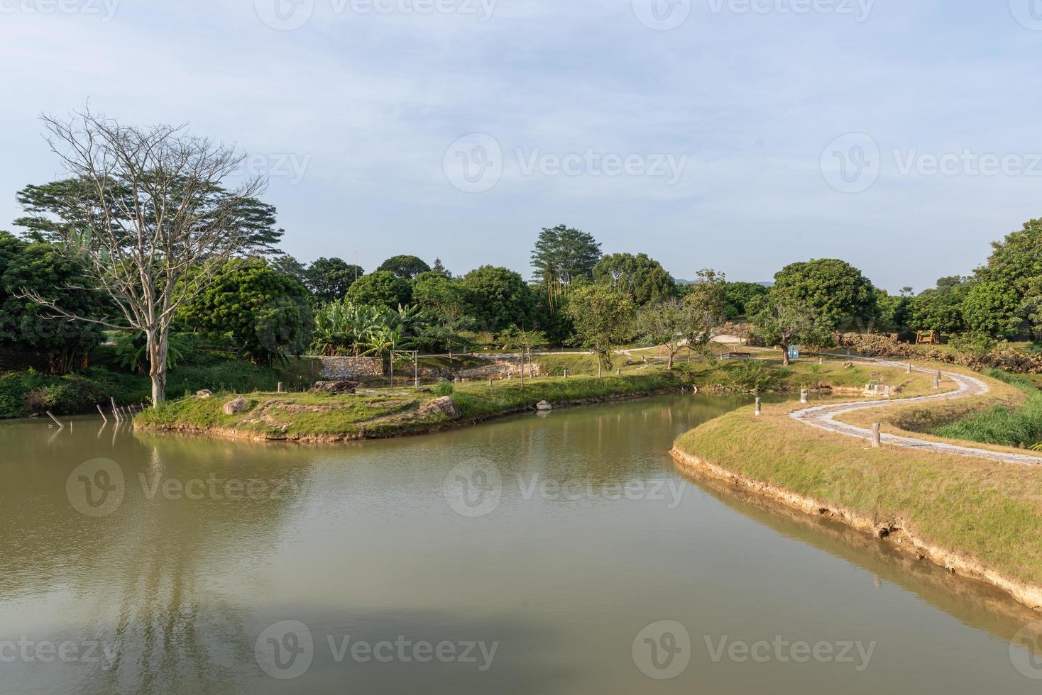 el lago artificial en el parque y los caminos y árboles junto al lago foto