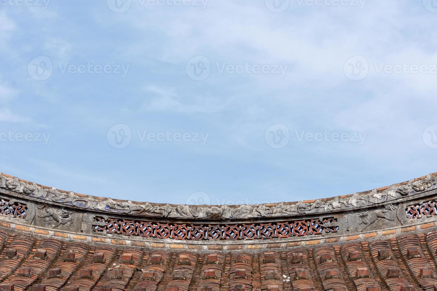 The eaves and corners of traditional Chinese residential buildings are made of red brick and lime photo