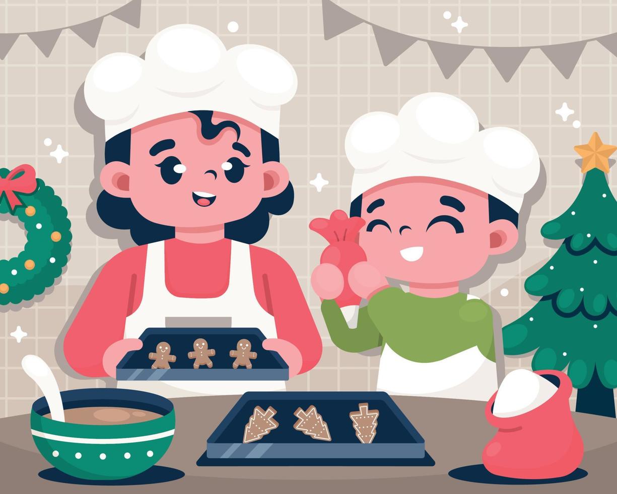 Mother and Son Baking Christmas Cookies vector