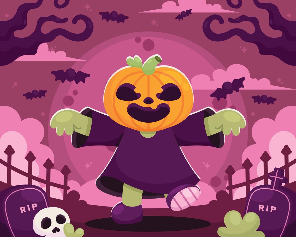 feliz jack o lantern caminando en la noche de halloween vector