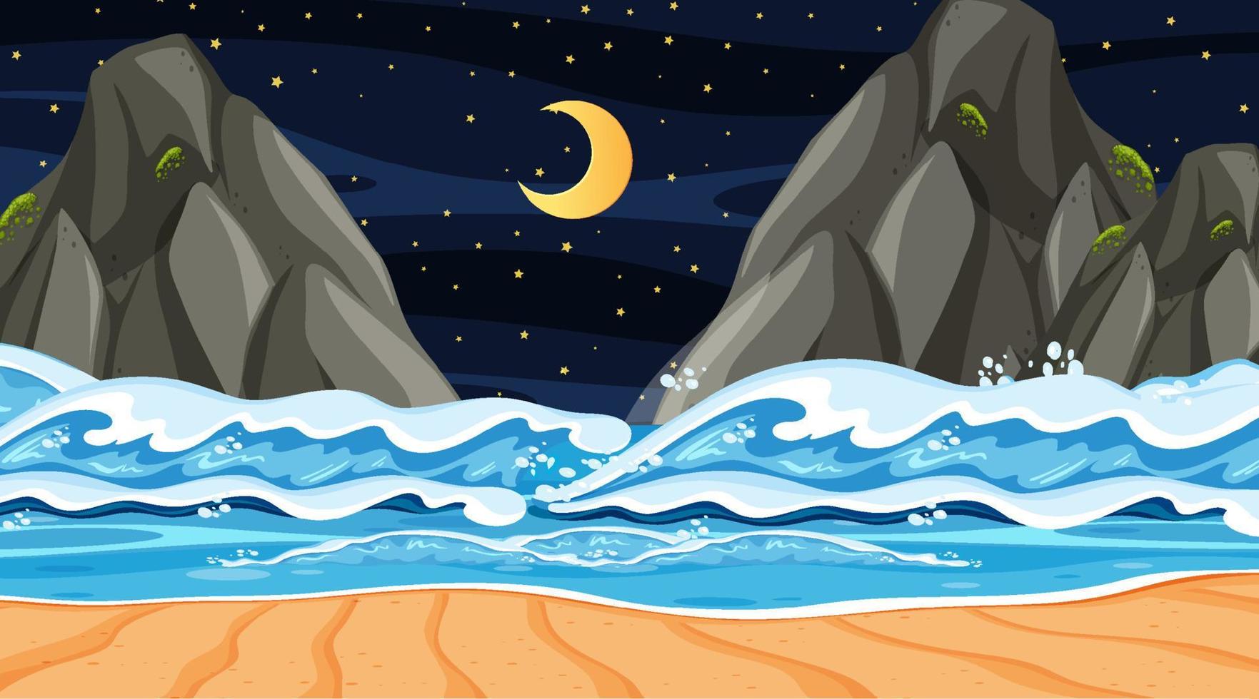 paisaje de playa en la escena nocturna con olas del mar vector