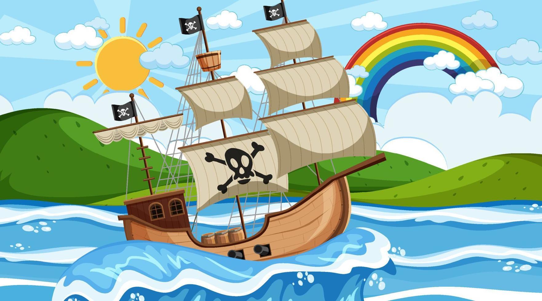 Ocean with Pirate ship at day time scene in cartoon style vector