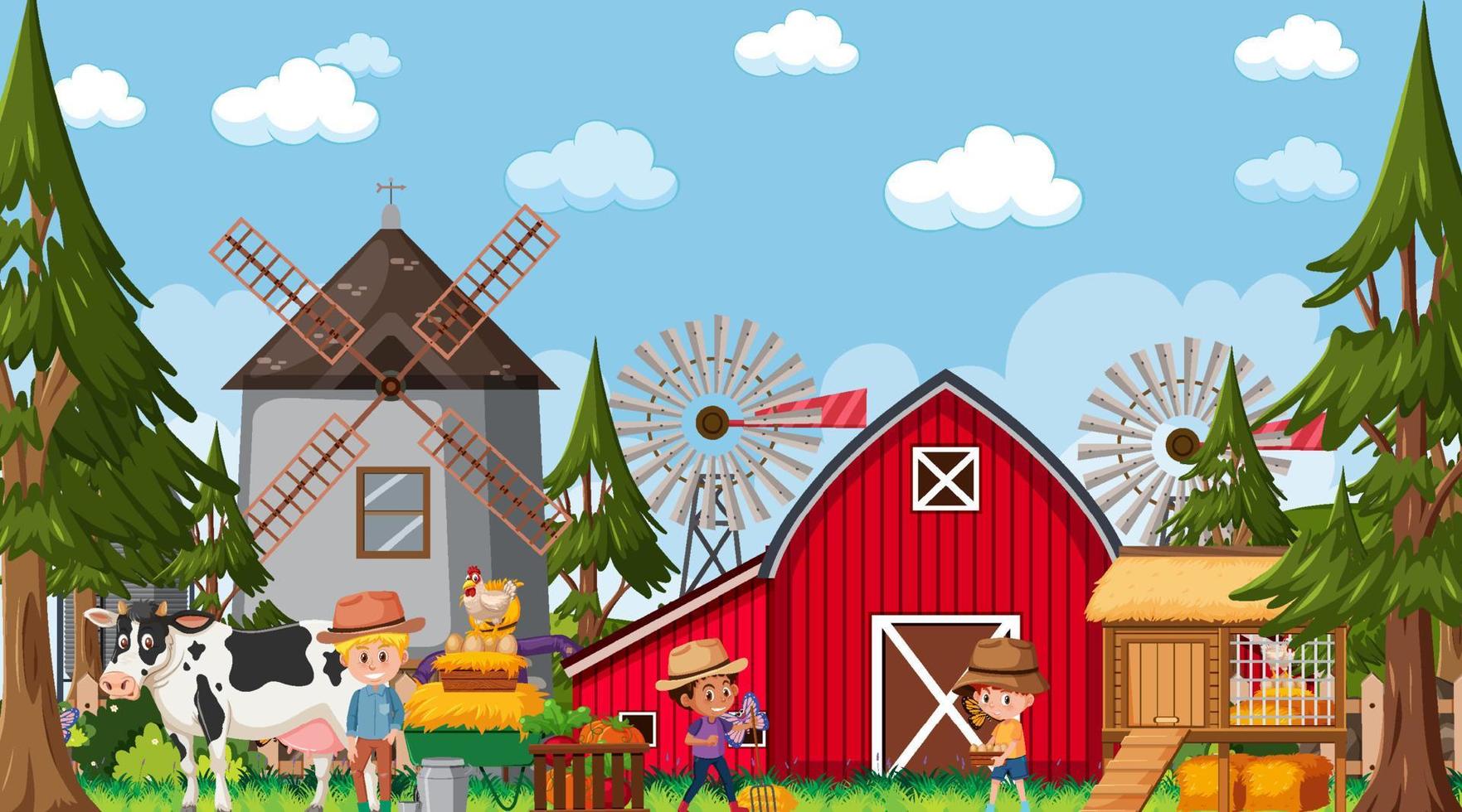 escena de la granja con muchos niños personajes de dibujos animados y animales de granja vector