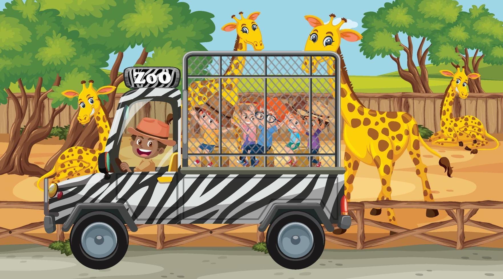 Escena de safari con muchas jirafas y niños en un coche jaula. vector