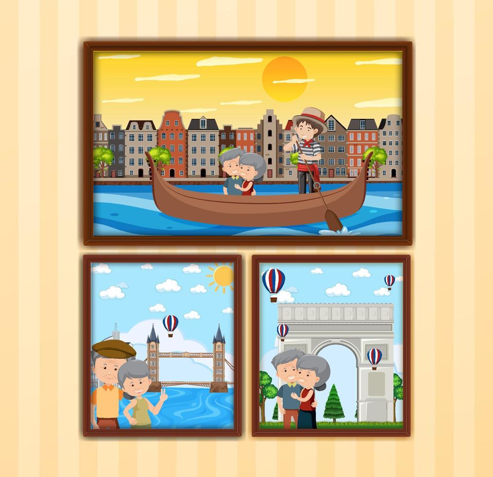 Cute old couple photo frames hanging on the wall vector