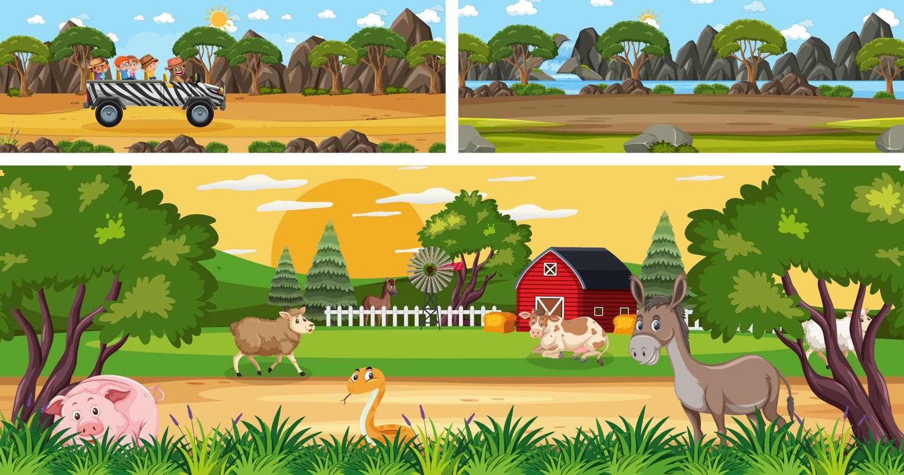 Outdoor panoramic landscape scenes set with cartoon character vector