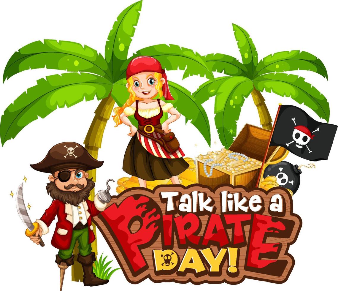 Talk Like A Pirate Day font banner with Pirate cartoon character vector