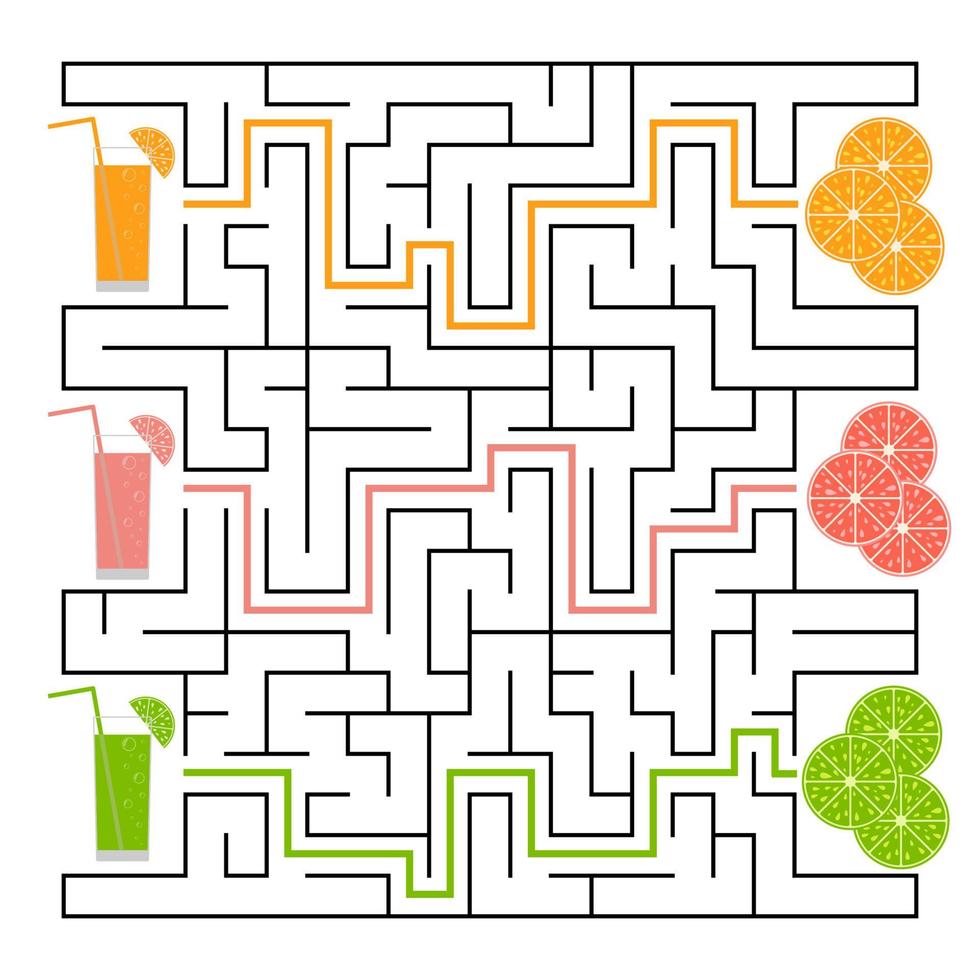 A square labyrinth. Find the way from juice to fruit. Simple flat isolated vector illustration. With the answer.