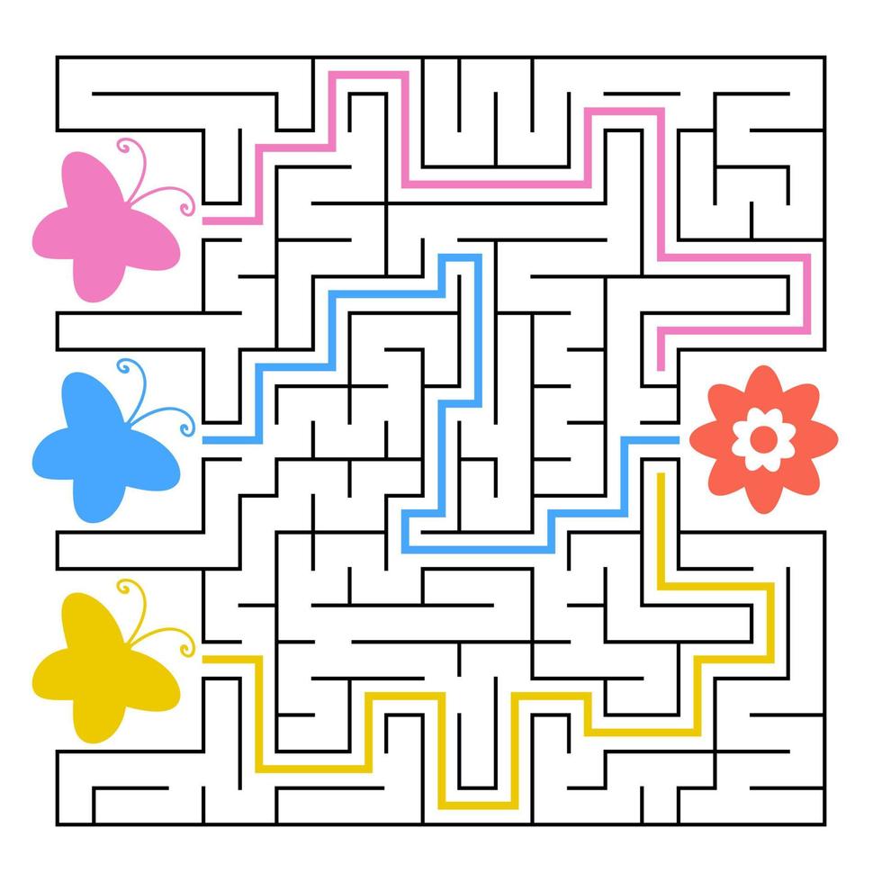 A square labyrinth. What butterfly will fly to the flower. Simple flat isolated vector illustration. With the answer.