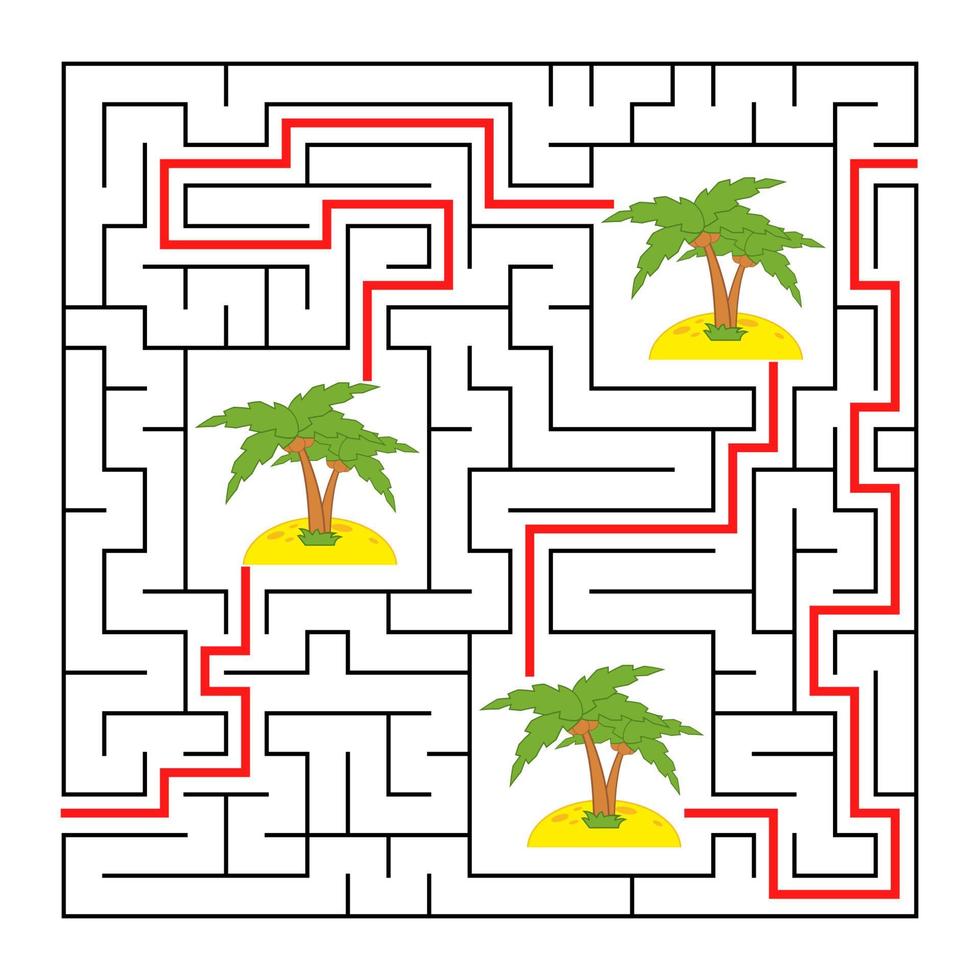 A square labyrinth. Collect all the palms and find a way out of the maze. Simple flat isolated vector illustration.