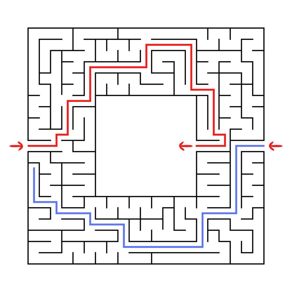 A square maze. Find the right path to the center of the labyrinth. Simple flat vector illustration isolated on white background. With a place for your drawings. With the answer.