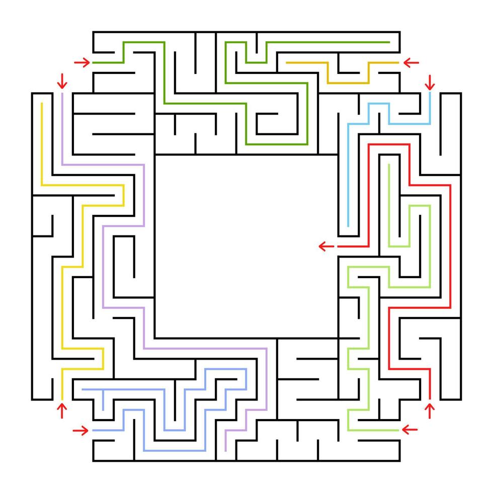 A square labyrinth. Choose the right path to get into the center of the maze. Simple flat vector isolated illustration. With a place for your drawings. With the answer.