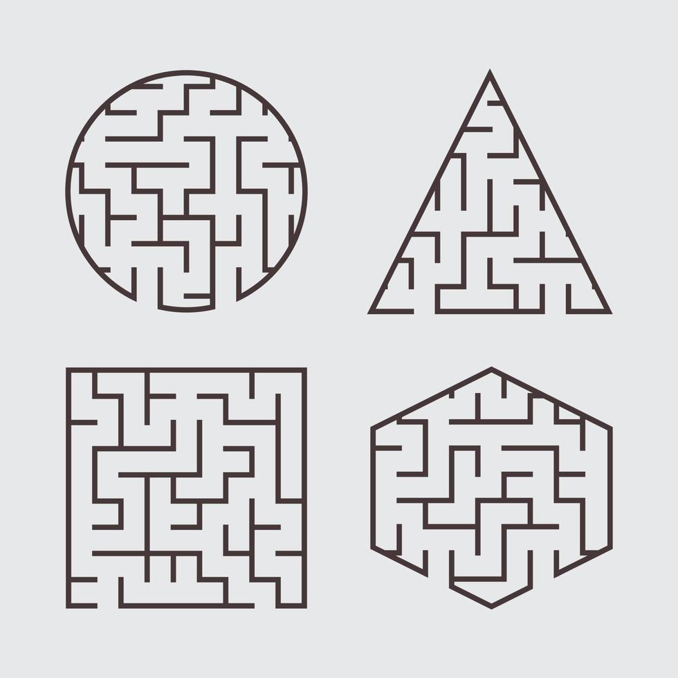 A set of labyrinths for children. A square, a circle, a hexagon, a triangle. A simple flat vector illustration isolated on a gray background.