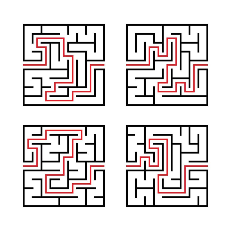 A set of square mazes for children. Simple flat vector illustration isolated on white background. With the answer.