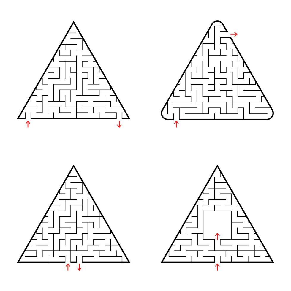 Triangular labyrinth. A set of four options. Simple flat vector illustration isolated on white background.