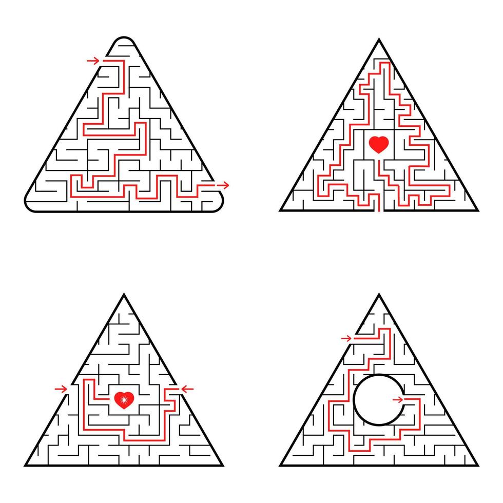 Triangular labyrinth. A set of four options. Simple flat vector illustration isolated on white background. With the answer.