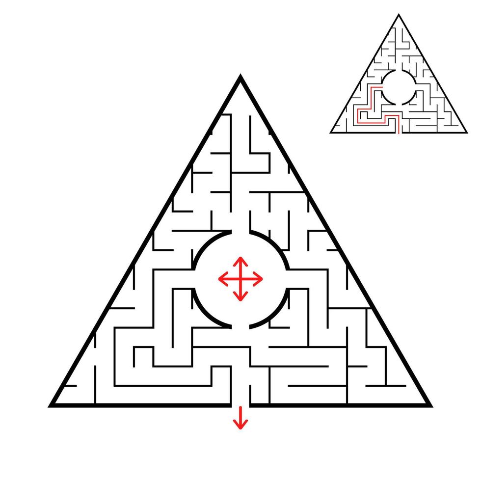 Triangular labyrinth. Find the right way out of the maze. Simple flat vector illustration isolated on white background. With the answer.